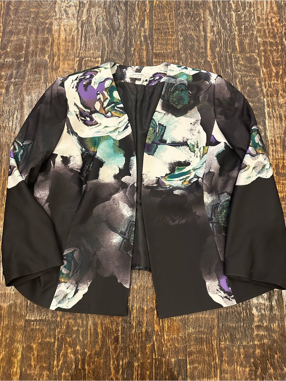 Floral Open-Front Cropped Blazer in Black, White, Purple and Teal